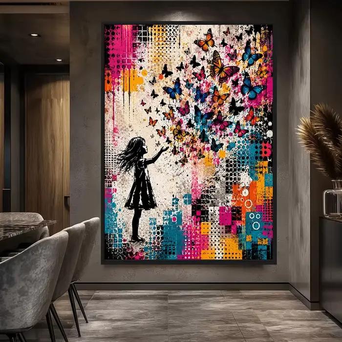 Affiche et impressions de graffiti urbain représentant une jeune fille avec des papillons colorés, p