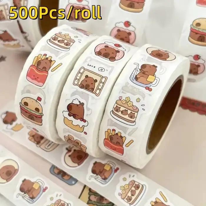 Rouleau d'autocollants Capybara imperméables en PVC, 500 pièces, autocollants auto-adhésifs, animaux