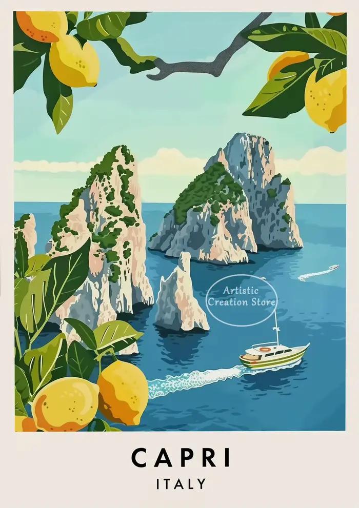Aquarelle italie voyage villes italiennes côte Amalfi Alberobello Capri Tour affiche esthétique toil
