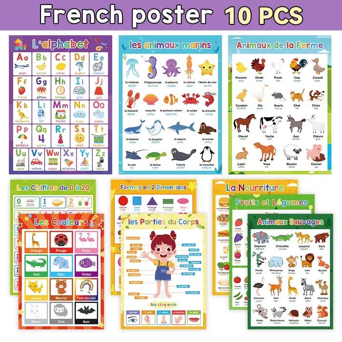 10 ensembles de lettres d'animaux d'affiches françaises, aides à l'apprentissage des mots de fruits,