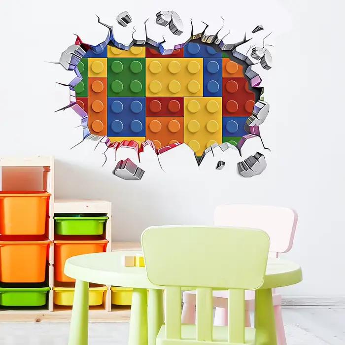 Autocollants muraux en vinyle en forme de briques Lego colorées pour chambre d'enfant, chambre à cou