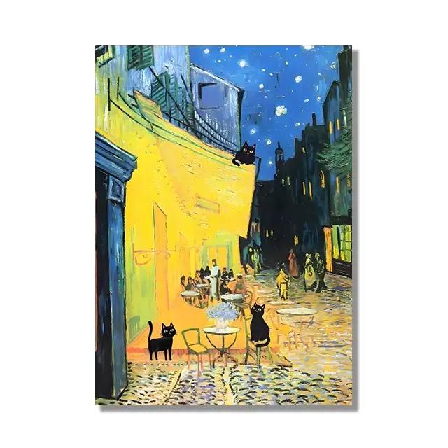 Affiche d'art sur toile avec chat noir amusant, peinture murale sans cadre, décoration pour la maiso