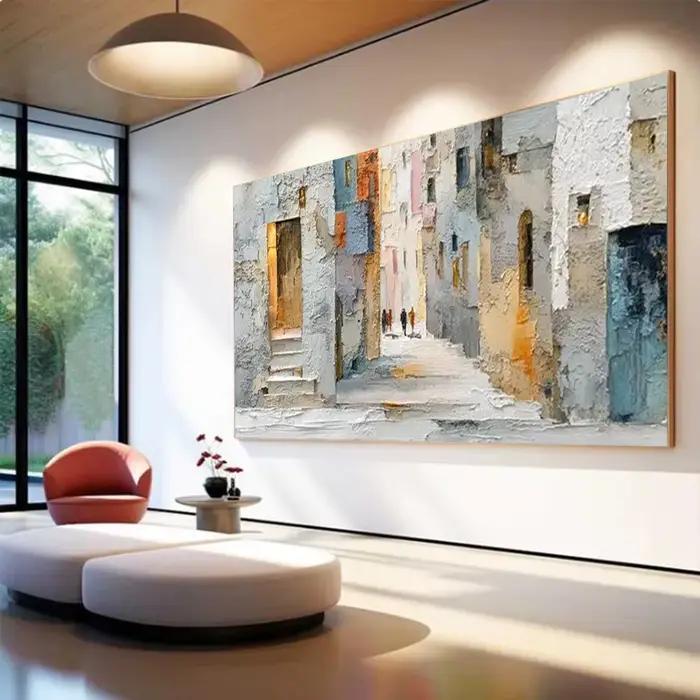 Peinture à l'huile abstraite 100% faite à la main sur toile, image de paysage du vieux quartier, art