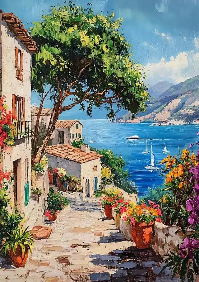Village méditerranéen bateau côtier bord de mer paysage Floral champ chalet affiche toile peinture i