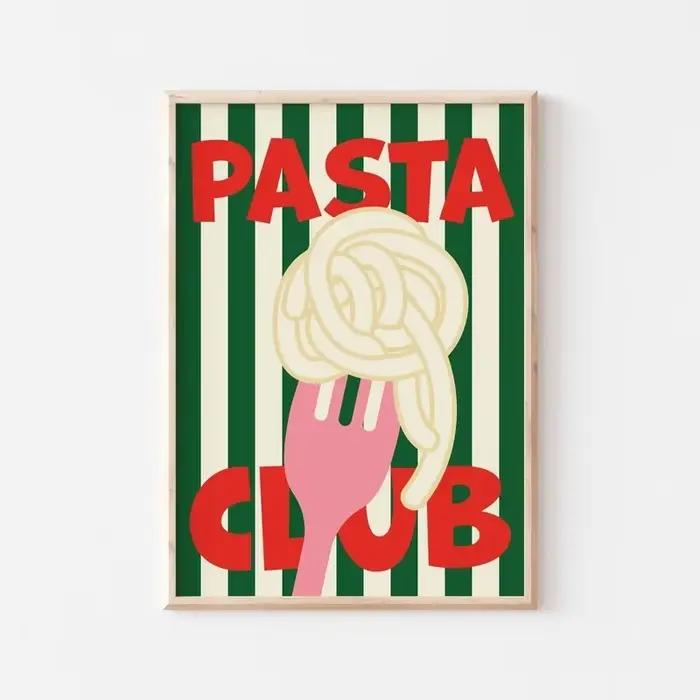Affiche d'art culinaire colorée avec citation, Tableau sur toile 'Pasta Club', Impressions murales,
