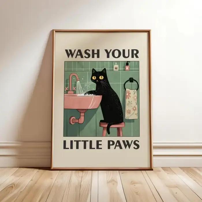 Affiche imprimée sur toile avec Illustration de chat «lavage vos pattes», imprimés d'art d'animaux m