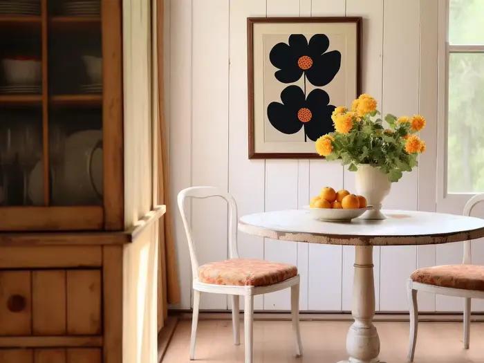 "Imprimé d'art floral minimaliste moderne du milieu du siècle : design double fleur noir audacieux a