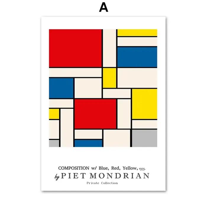 Piet Mondrian-Art mural abstrait, ligne géométrique, bleu, rouge, jaune, peinture sur toile, affiche