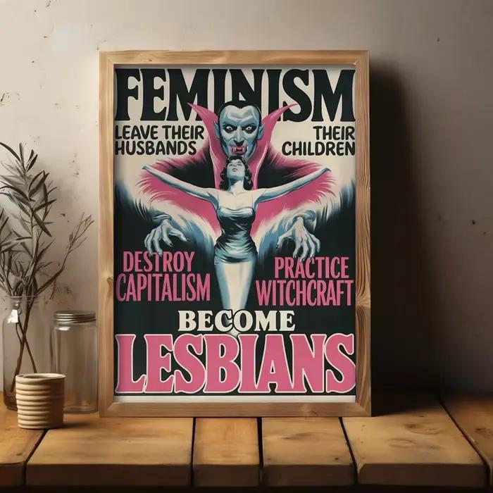 Affiche en toile de style bande dessinée féministe rétro – "Lesbianisme contre. Sorcellerie", décor
