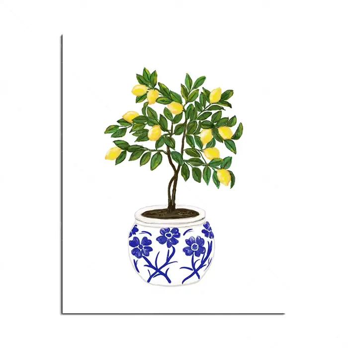 Citron, pot de fleur bleu et blanc, peinture d'agrumes, illustration de fruits, illustration de vase
