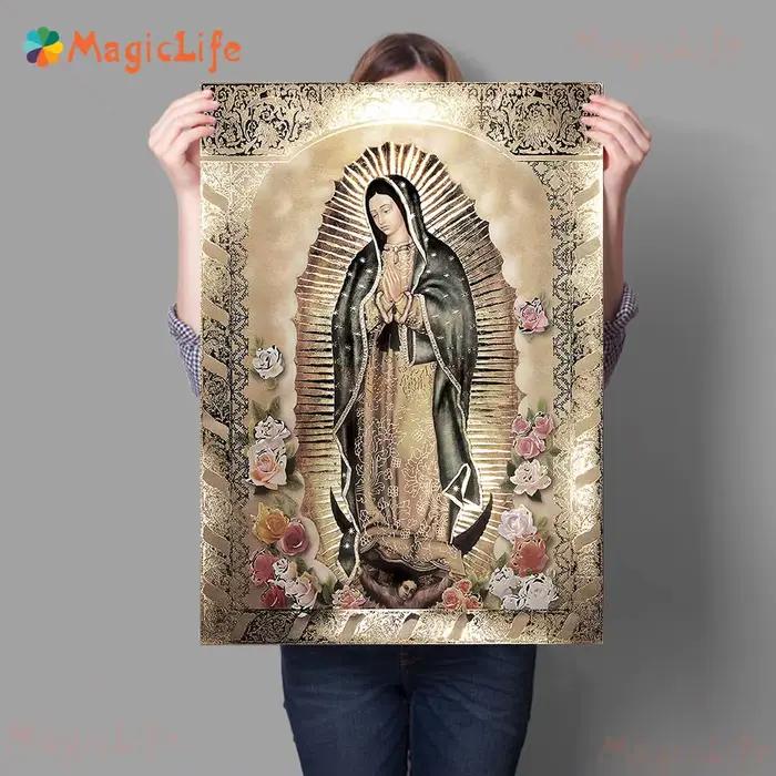 Toile d'art mural avec Portrait de Notre-Dame de Guadalupe, peinture vierge et Rose, affiche moderne