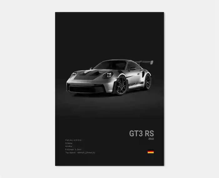Affiche murale de voiture de sport de luxe allemande noir et blanc, impression sur toile 911 GT3 RS