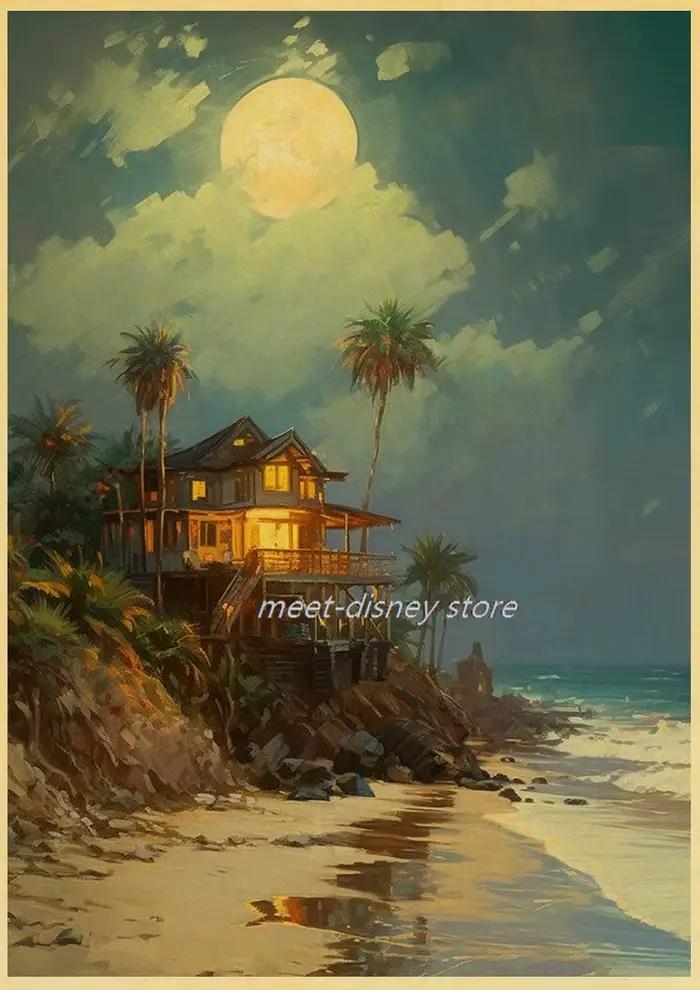 Affiche de paysage de crépuscule de forêt de bord de mer, papier kraft, autocollants muraux de toile