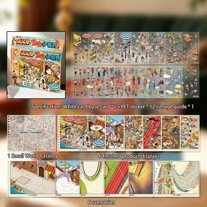 Livre d'autocollants vintage Paysage Urbain Animé, 6 Scènes Différentes, Reliure Double Spirale avec
