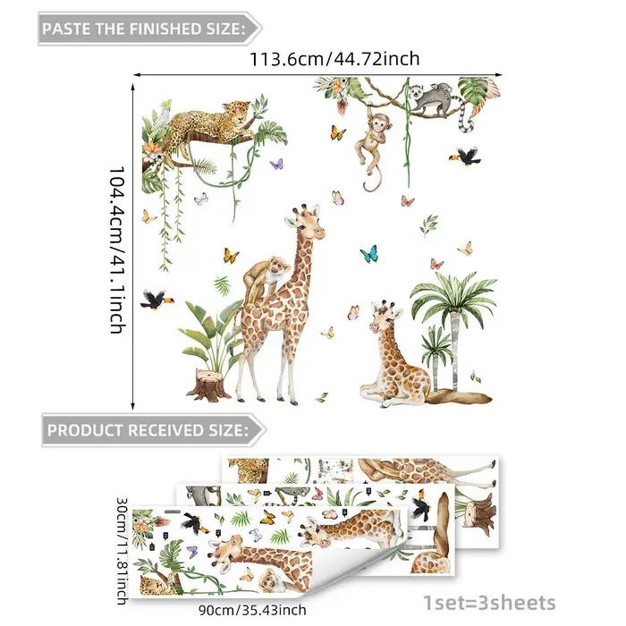 Grand autocollant mural animaux de la forêt, jungle safari girafe singe léopard, papier peint pour c