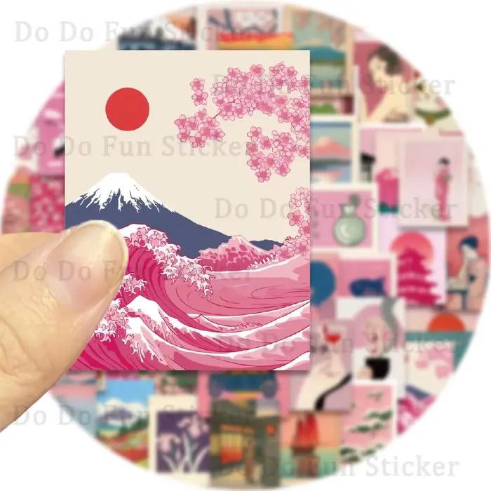 Autocollants d'art esthétique japonais rétro rose, 50 pièces, soleil rouge, fleurs de cerisier, vagu