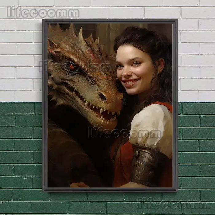 Guerrier féminin chevauchant un Dragon et femme, peinture de démons, toile d'art mural pour dames et