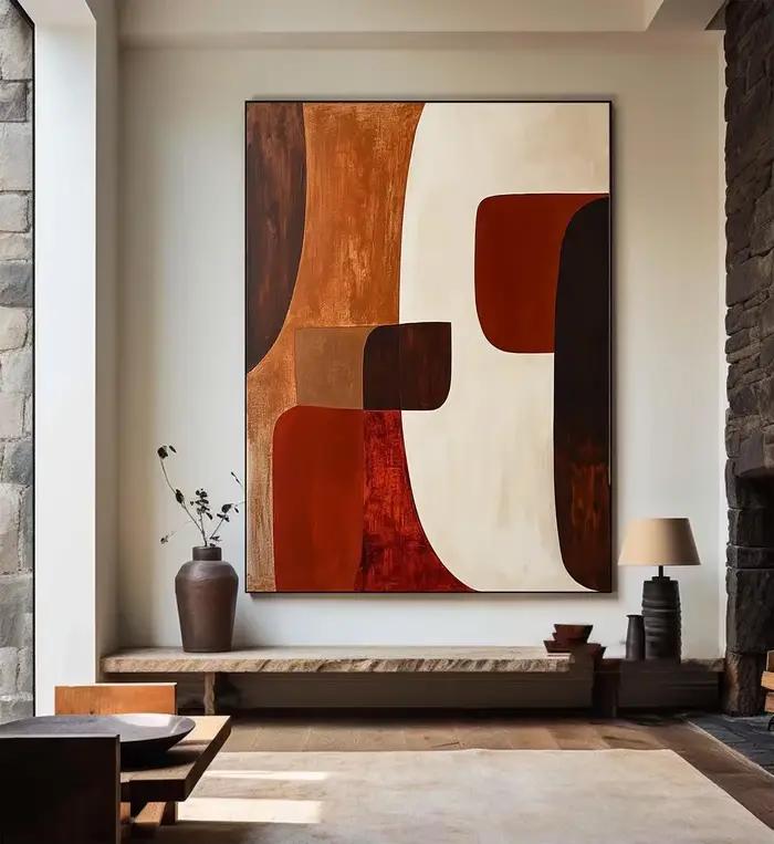 Grande peinture géométrique abstraite faite à la main, marron foncé, Art mural rouge, peinture sur t