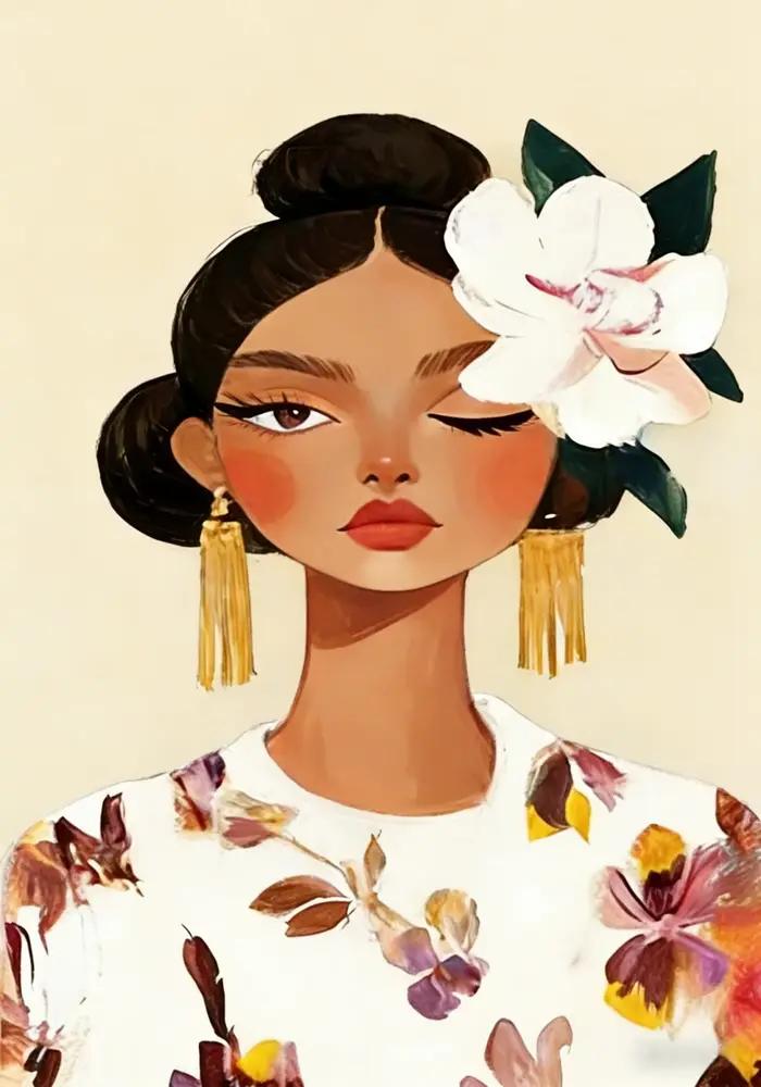 Peinture sur toile moderne minimaliste de portrait féminin floral, affiche d'art féminin abstrait et
