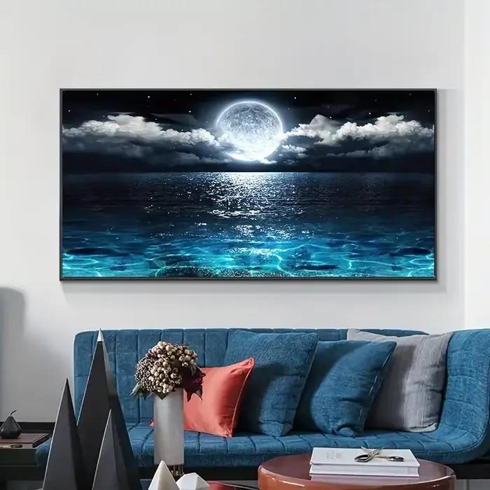 Affiche et fabrication de peinture sur toile moderne, océan et nuit, lune, galerie intérieure, décor