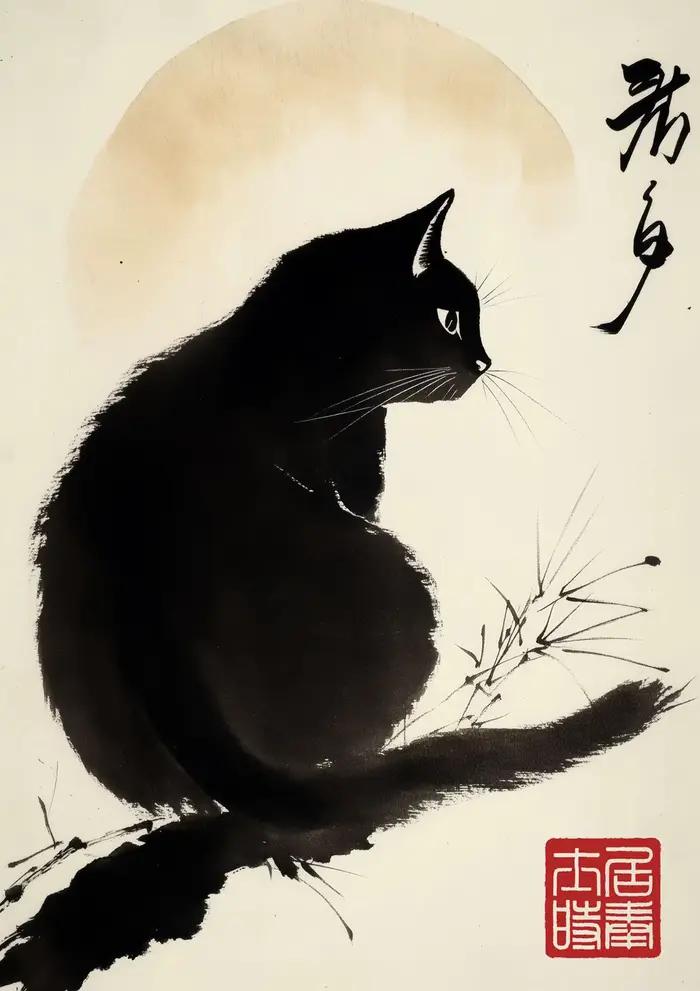 Affiche de chat japonais minimaliste, chat noir par Matsumoto Hoji, Sumi-E, peinture sur bloc de boi