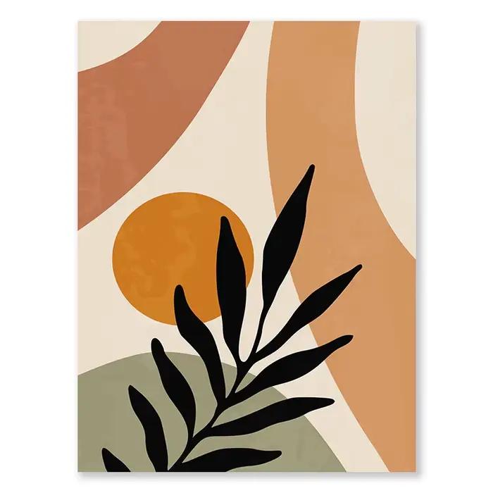 Art mural abstrait bohème en terre cuite, beige, vert, peinture sur toile nordique moderne, feuilles