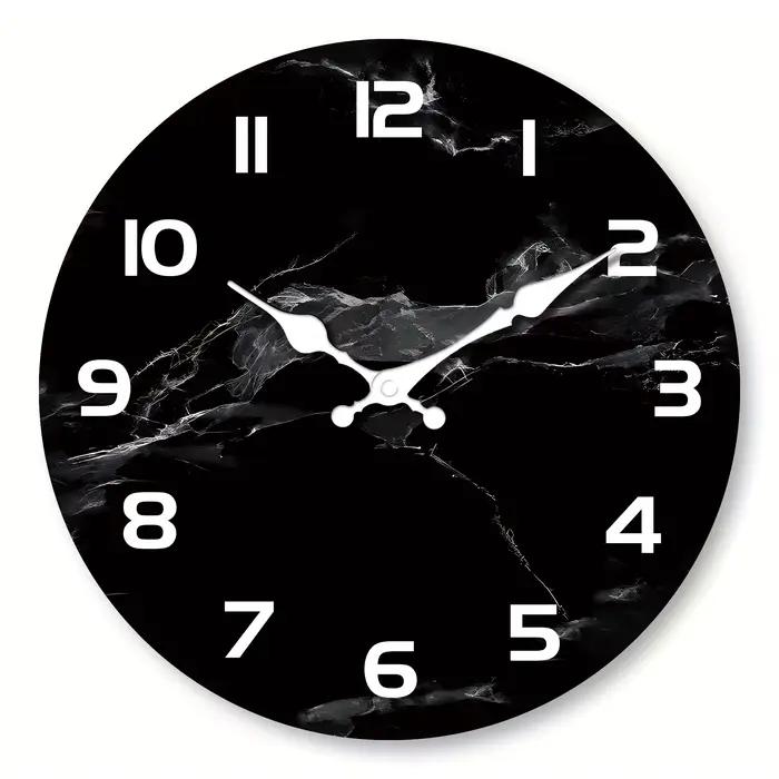 Horloge murale en bois texturée en marbre noir Simple, horloge ronde silencieuse sans tic-tac, adapt
