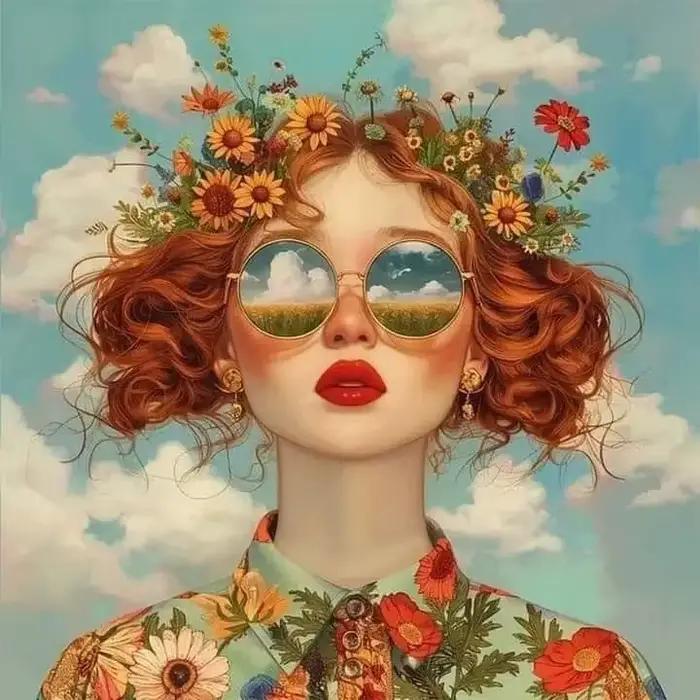 Lunettes femme avec fleurs nordique Boho mur Art toile peinture papillon avec fille Portrait affiche