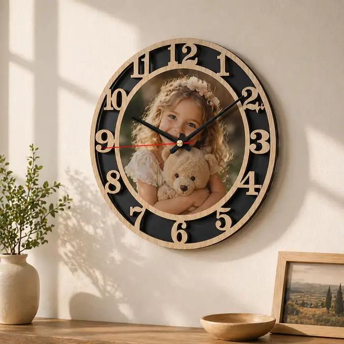 Horloge murale personnalisée avec photo, grande horloge silencieuse en bois et acrylique 3D, horloge