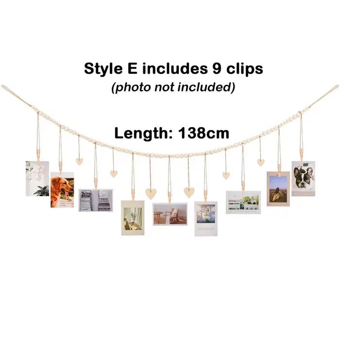 Chaîne murale porte-photos en bois avec clips à pompons et perles, pour décoration murale de maison,