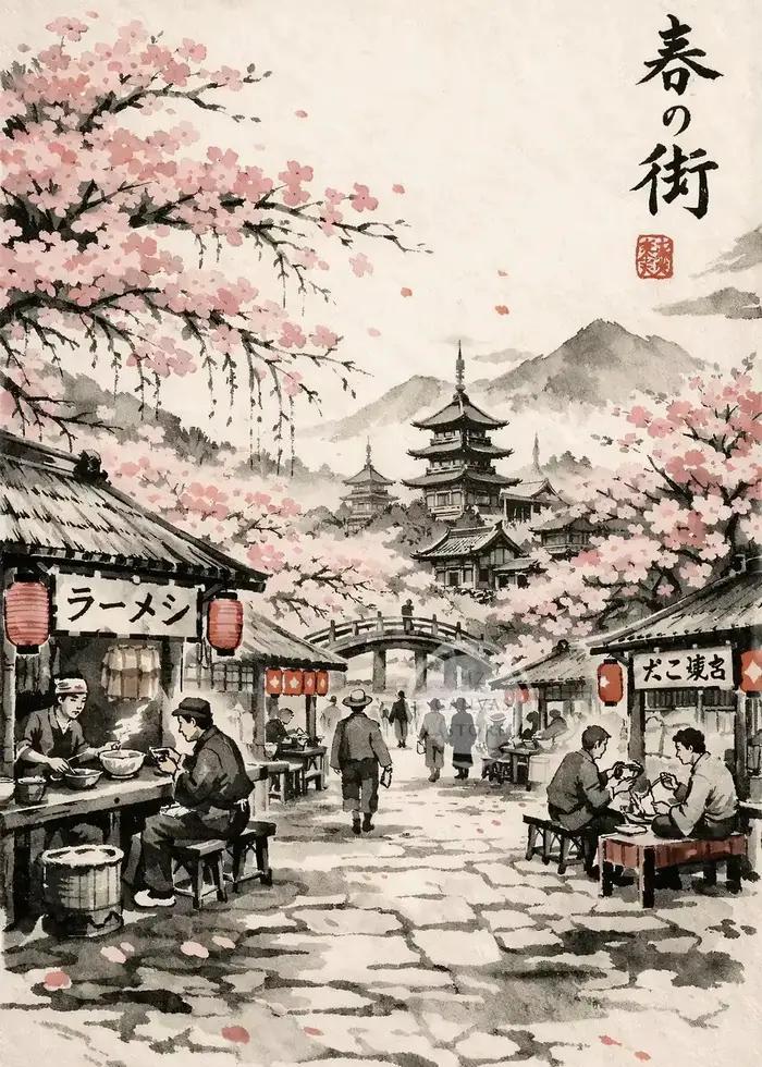 Peinture à l'encre japonaise, paysage de fleurs de cerisier du printemps, impression sur toile, affi