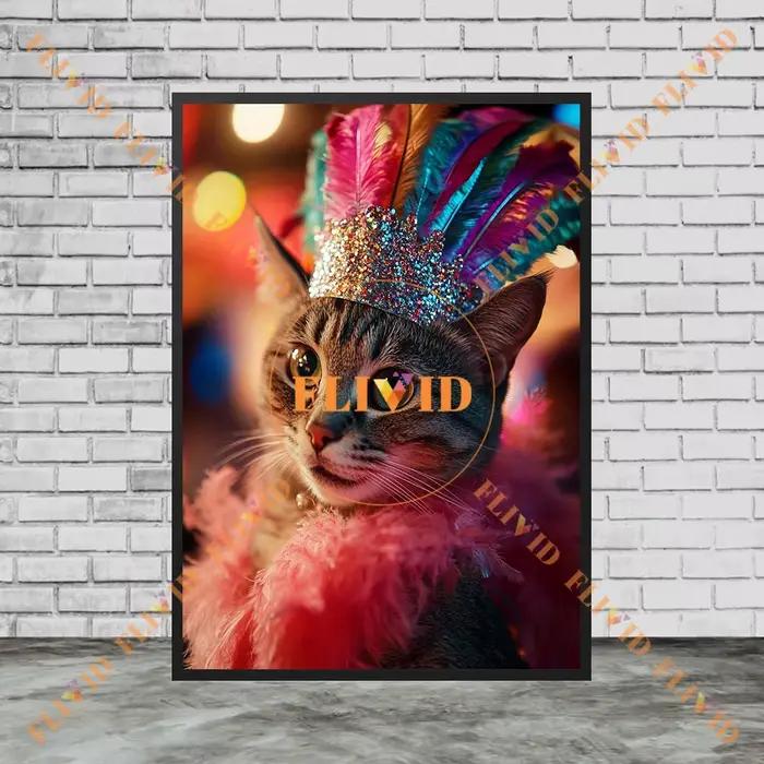Affiche de carnaval reine chat paillettes plume animal de compagnie mode mur Art toile peinture mign