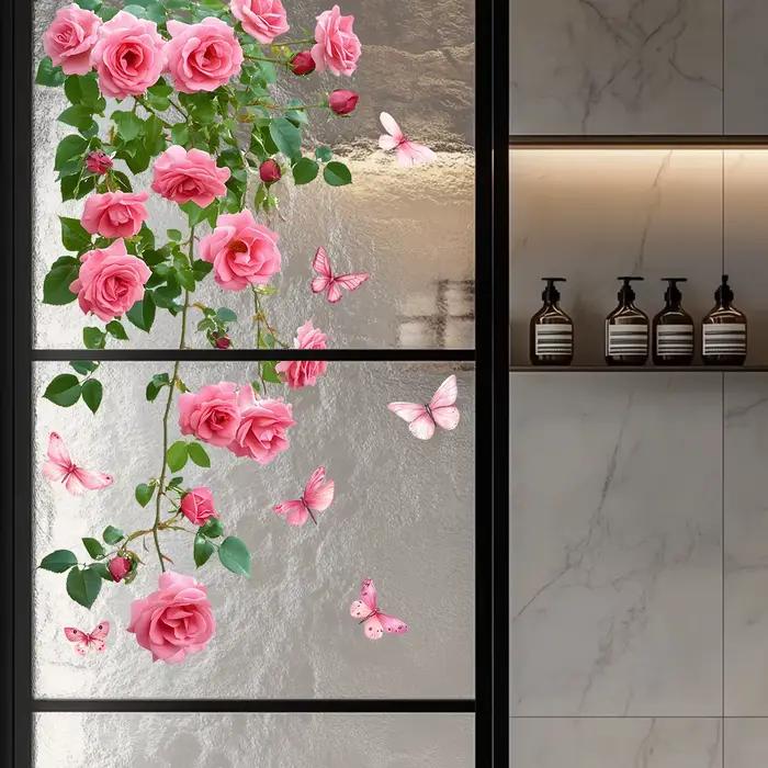 Autocollant de fenêtre de vigne de fleur 1 pièce, design de rose rose et de papillon, autocollant mu