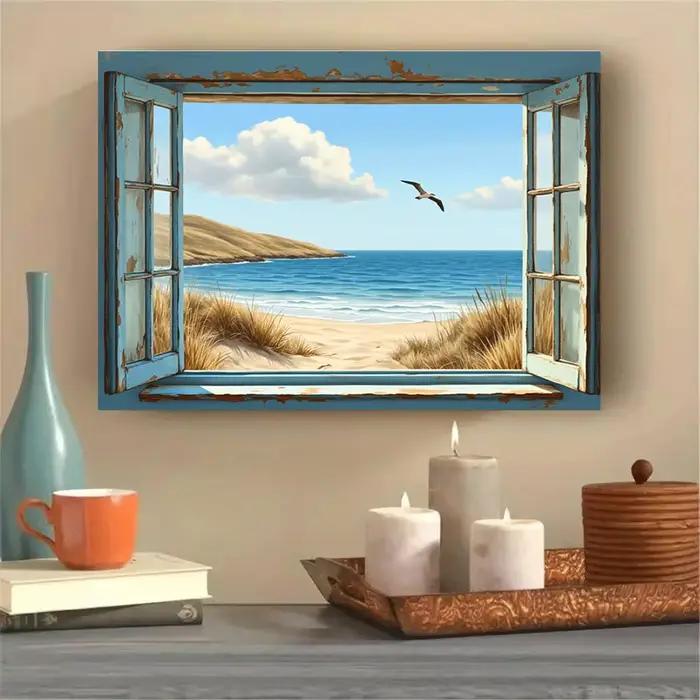 Affiche en toile sans cadre, vue sur l'océan à travers une fenêtre rustique, scène de plage, mouette