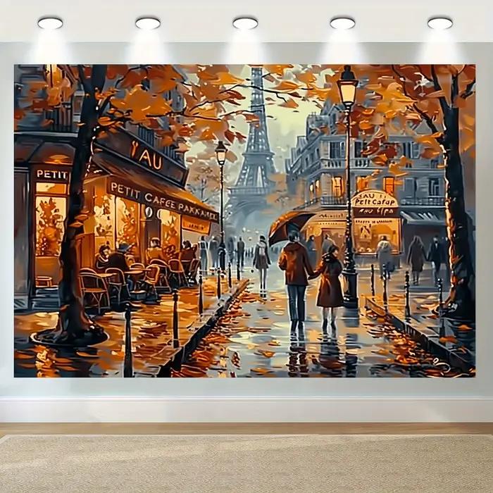 Art mural de la scène de rue d'automne de Paris, Tour Eiffel, café, peinture romantique, décoration