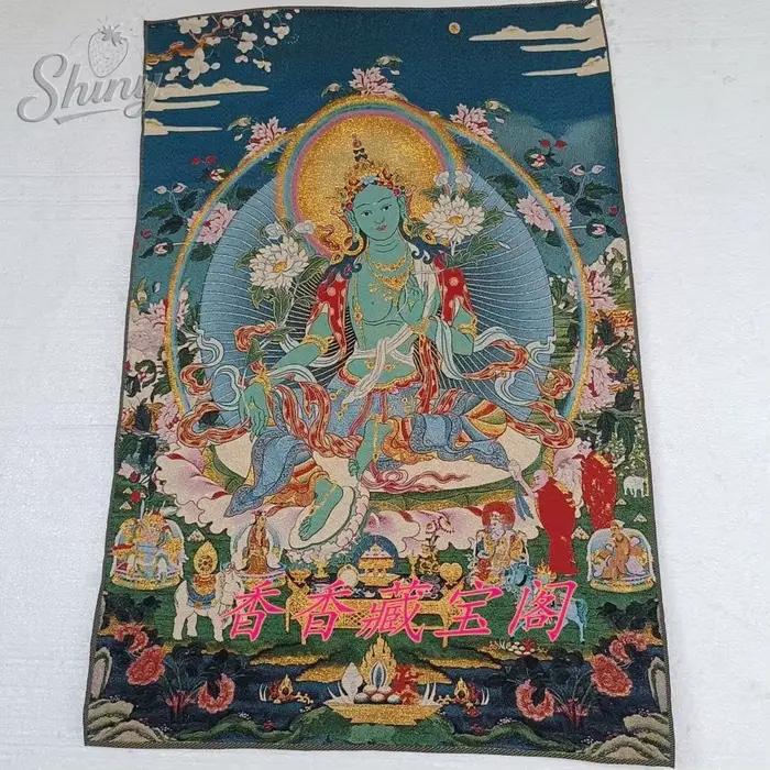 Peinture Thangka Tara verte 35.4 pouces, brocart tibétain Tangka, broderie de fil d'or, images décor