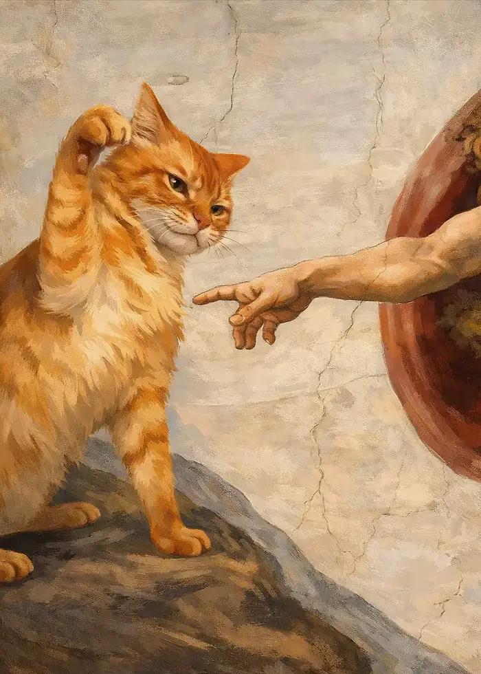 Impression murale drôle de la création d'Adam avec un chat orange, peinture sur toile d'art classiqu