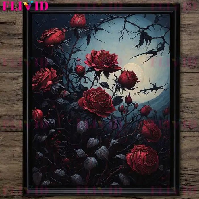Vignes et roses rouges dans le château abandonné Art mural vintage, peinture sur toile, gothique, vi