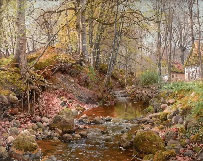 Toile peinture nordique automne ferme rurale forêt montagne rivière paysage rétro impression mur Art