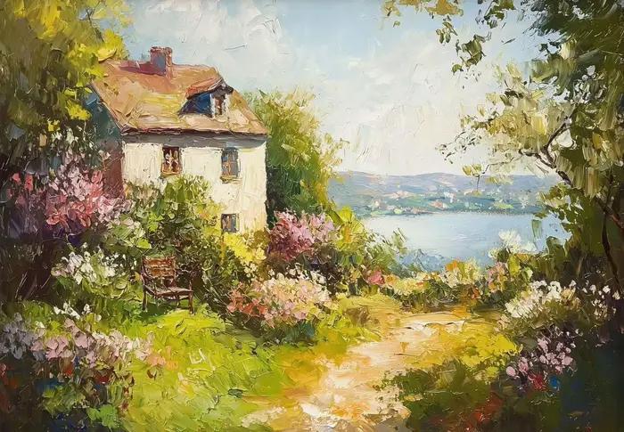 Paysage de pays d'été, chalet, rivière, jardin de roses, peinture à l'huile, affiche en toile imprim