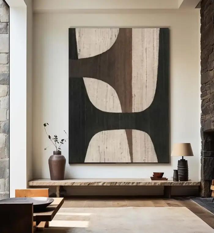 Grande peinture artisanale originale beige et marron, peinture abstraite texturée beige, art mural s