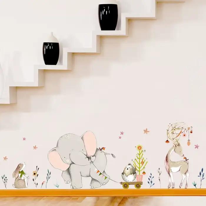 Autocollants muraux joyeux bébé éléphant lapin, décoration murale pour chambre d'enfants, animaux de