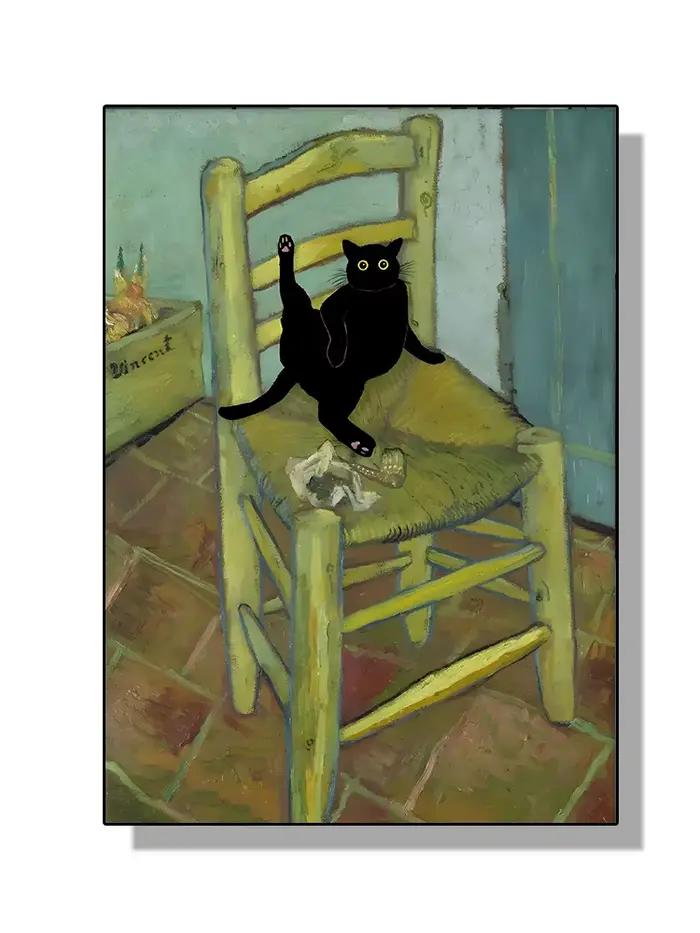 Peintures célèbres Mona Lisa nuit étoilée avec drôle chat noir affiche toile peinture tournesol Repr