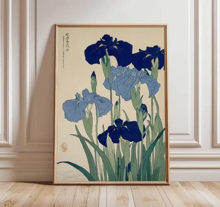Art mural élégant Ukiyo-E à l'iris bleu - Pour les passionnés de nature ou tout ceux qui aiment une