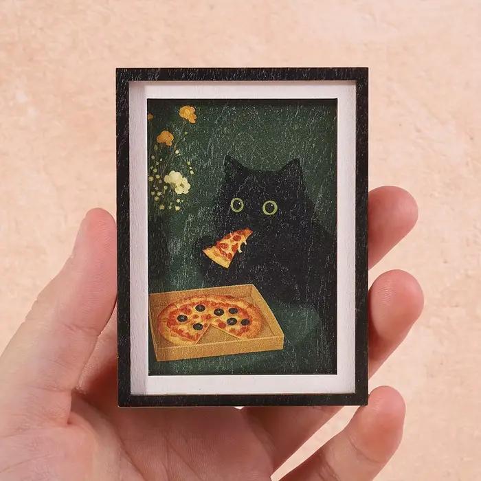 Magnifique mini cadre photo aimanté à 3 couches, motif chat noir et pizza, décoration amusante pour
