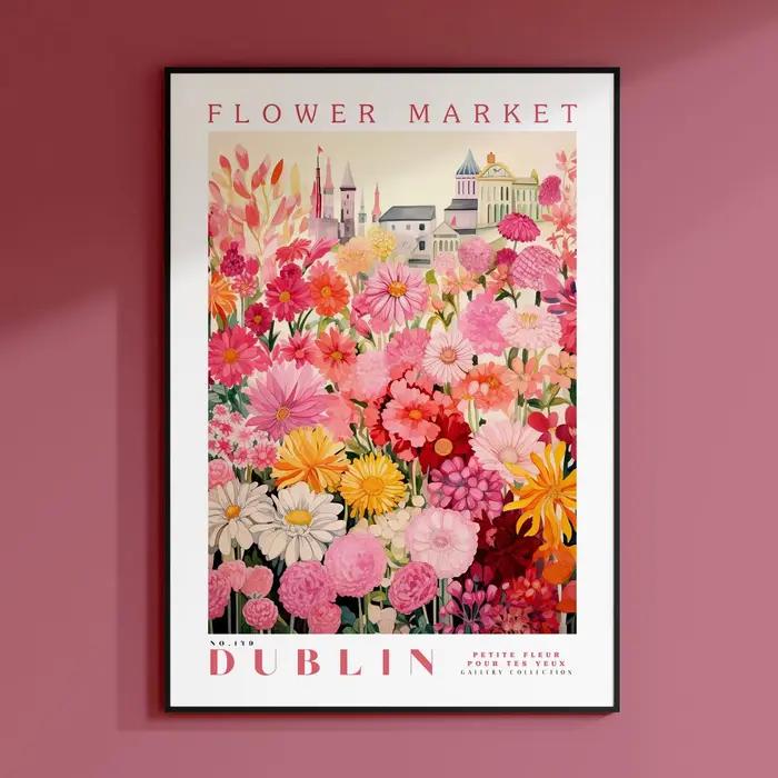 Affiche du marché des fleurs de Dublin, art de voyage de Dublin, grand affiche moderne, art mural bo