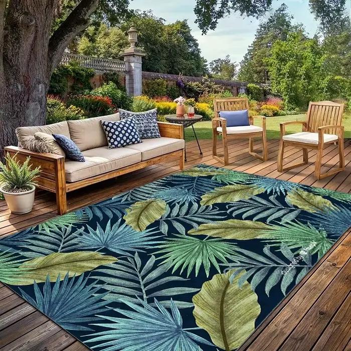Tapis décoratif moderne à motif végétal | Tapis d'extérieur | Convient pour cour, balcon, jardin