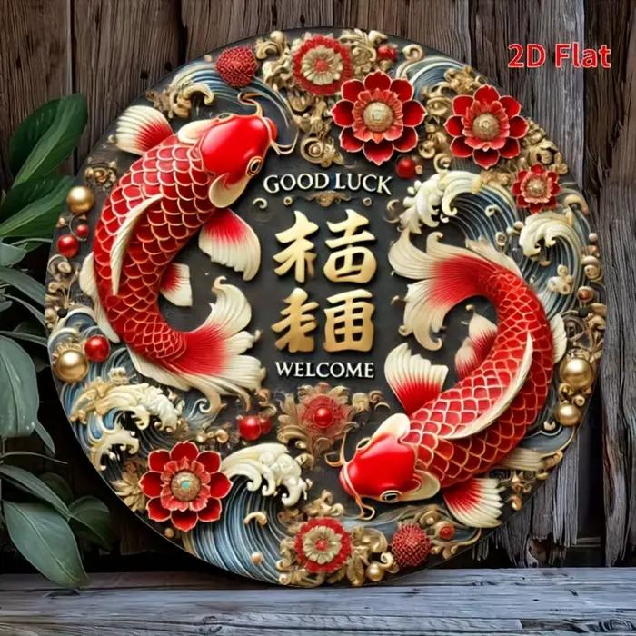 Décoration murale Good Luck Koi Fish – Fer plat 2D 8x8", double motifs rouge et noir, parfait pour l