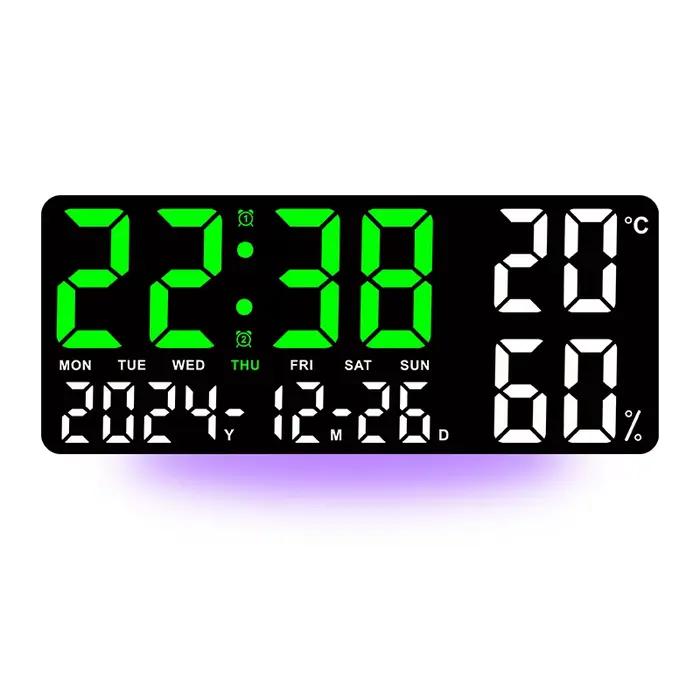 Grande horloge murale numérique avec lumière d'ambiance 7 couleurs, 2 alarmes, température, humidité