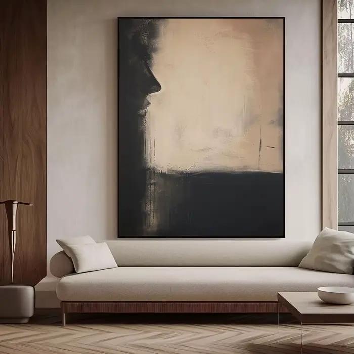 Wabi-sabi Art mural noir Beige peinture abstraite médiévale noir Beige fait à la main toile peinture